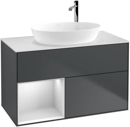 Bild von VILLEROY BOCH Finion Waschbeckenunterschrank, mit Beleuchtung, 2 Auszüge, 1000 x 603 x 501 mm, Midnight Blue Matt Lacquer / White Matt Lacquer / Glass White Matt #F891MTHG