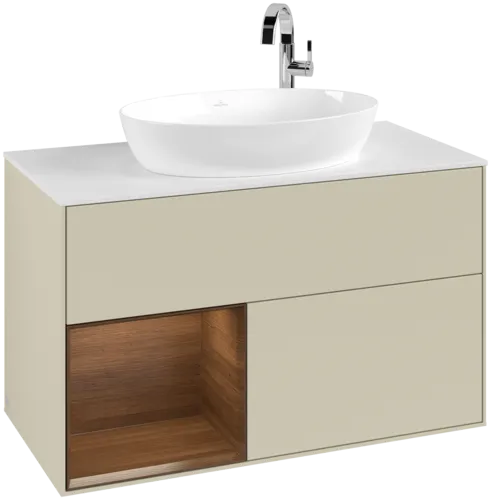 Bild von VILLEROY BOCH Finion Waschbeckenunterschrank, mit Beleuchtung, 2 Auszüge, 1000 x 603 x 501 mm, Silk Grey Matt Lacquer / Walnut Veneer / Glass White Matt #F891GNHJ