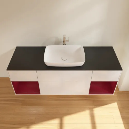 Picture of VILLEROY BOCH Finion Vanity unit, with lighting, 4 pull-out compartments, 1600 x 603 x 501 mm, Glossy White Lacquer / Peony Matt Lacquer / Glass Black Matt #F862HBGF