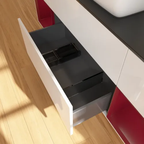 Picture of VILLEROY BOCH Finion Vanity unit, with lighting, 4 pull-out compartments, 1600 x 603 x 501 mm, Glossy White Lacquer / Peony Matt Lacquer / Glass Black Matt #F862HBGF