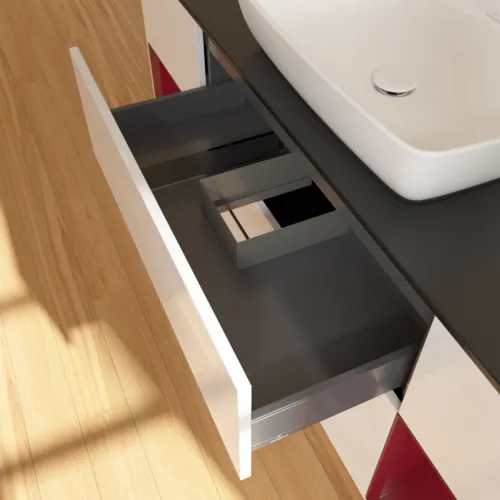 Picture of VILLEROY BOCH Finion Vanity unit, with lighting, 4 pull-out compartments, 1600 x 603 x 501 mm, Glossy White Lacquer / Peony Matt Lacquer / Glass Black Matt #F862HBGF