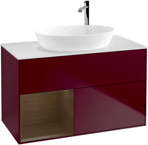 Bild von VILLEROY BOCH Finion Waschbeckenunterschrank, mit Beleuchtung, 2 Auszüge, 1000 x 603 x 501 mm, Peony Matt Lacquer / Walnut Veneer / Glass White Matt #F891GNHB