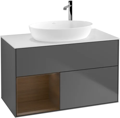 Bild von VILLEROY BOCH Finion Waschbeckenunterschrank, mit Beleuchtung, 2 Auszüge, 1000 x 603 x 501 mm, Anthracite Matt Lacquer / Walnut Veneer / Glass White Matt #F891GNGK