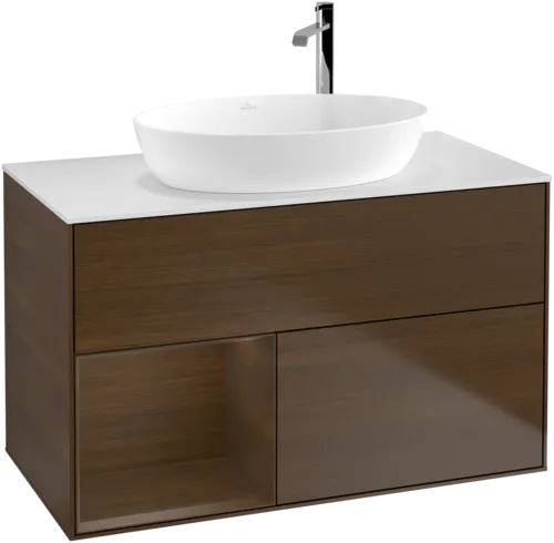 Bild von VILLEROY BOCH Finion Waschbeckenunterschrank, mit Beleuchtung, 2 Auszüge, 1000 x 603 x 501 mm, Walnut Veneer / Walnut Veneer / Glass White Matt #F891GNGN