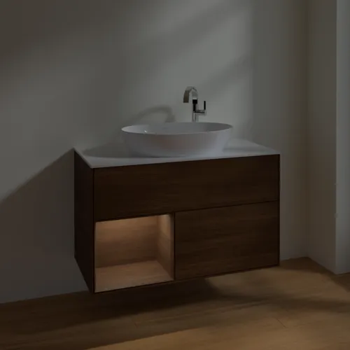 Bild von VILLEROY BOCH Finion Waschbeckenunterschrank, mit Beleuchtung, 2 Auszüge, 1000 x 603 x 501 mm, Walnut Veneer / Walnut Veneer / Glass White Matt #F891GNGN