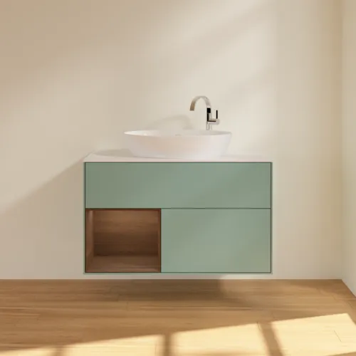 Bild von VILLEROY BOCH Finion Waschbeckenunterschrank, mit Beleuchtung, 2 Auszüge, 1000 x 603 x 501 mm, Olive Matt Lacquer / Walnut Veneer / Glass White Matt #F891GNGM