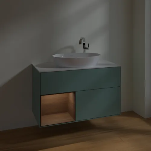 Bild von VILLEROY BOCH Finion Waschbeckenunterschrank, mit Beleuchtung, 2 Auszüge, 1000 x 603 x 501 mm, Olive Matt Lacquer / Walnut Veneer / Glass White Matt #F891GNGM