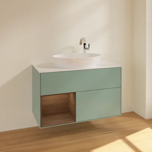 Bild von VILLEROY BOCH Finion Waschbeckenunterschrank, mit Beleuchtung, 2 Auszüge, 1000 x 603 x 501 mm, Olive Matt Lacquer / Walnut Veneer / Glass White Matt #F891GNGM