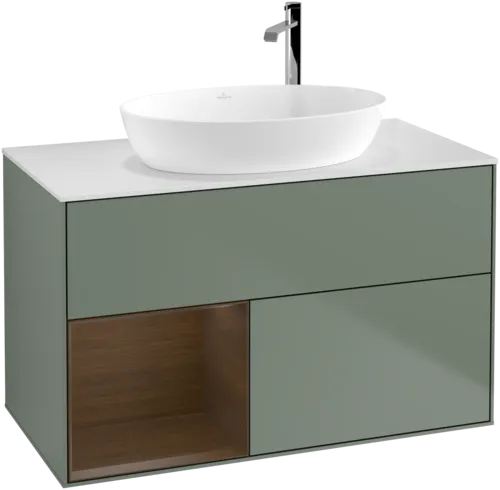Bild von VILLEROY BOCH Finion Waschbeckenunterschrank, mit Beleuchtung, 2 Auszüge, 1000 x 603 x 501 mm, Olive Matt Lacquer / Walnut Veneer / Glass White Matt #F891GNGM