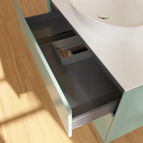 Bild von VILLEROY BOCH Finion Waschbeckenunterschrank, mit Beleuchtung, 2 Auszüge, 1000 x 603 x 501 mm, Olive Matt Lacquer / Walnut Veneer / Glass White Matt #F891GNGM