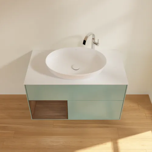 Bild von VILLEROY BOCH Finion Waschbeckenunterschrank, mit Beleuchtung, 2 Auszüge, 1000 x 603 x 501 mm, Olive Matt Lacquer / Walnut Veneer / Glass White Matt #F891GNGM