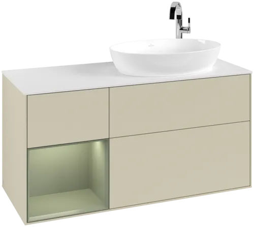 Bild von VILLEROY BOCH Finion Waschbeckenunterschrank, mit Beleuchtung, 3 Auszüge, 1200 x 603 x 501 mm, Silk Grey Matt Lacquer / Olive Matt Lacquer / Glass White Matt #F921GMHJ