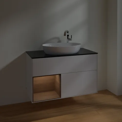 Bild von VILLEROY BOCH Finion Waschbeckenunterschrank, mit Beleuchtung, 2 Auszüge, 1000 x 603 x 501 mm, Glossy White Lacquer / Walnut Veneer / Glass Black Matt #F892GNGF