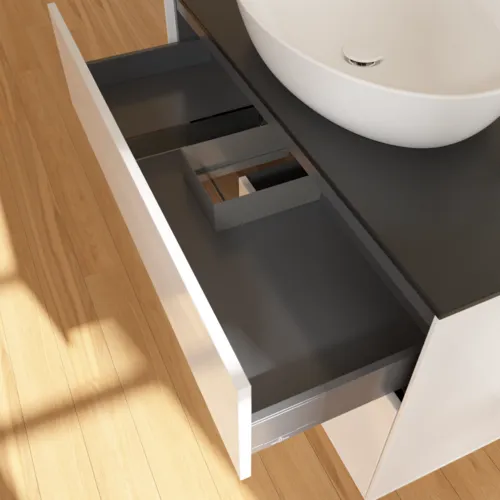 Bild von VILLEROY BOCH Finion Waschbeckenunterschrank, mit Beleuchtung, 2 Auszüge, 1000 x 603 x 501 mm, Glossy White Lacquer / Walnut Veneer / Glass Black Matt #F892GNGF