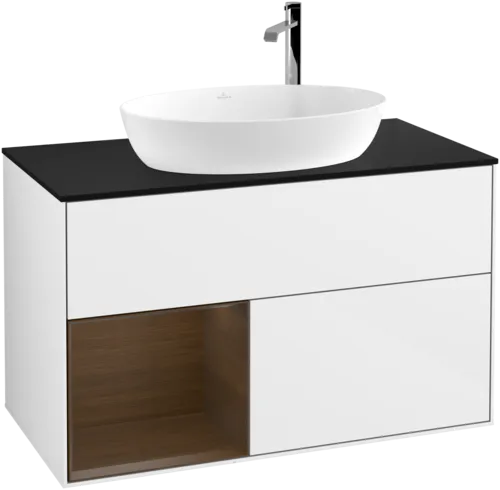 Bild von VILLEROY BOCH Finion Waschbeckenunterschrank, mit Beleuchtung, 2 Auszüge, 1000 x 603 x 501 mm, Glossy White Lacquer / Walnut Veneer / Glass Black Matt #F892GNGF