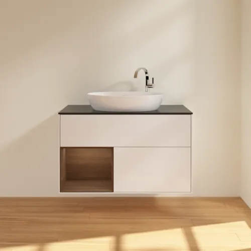 Bild von VILLEROY BOCH Finion Waschbeckenunterschrank, mit Beleuchtung, 2 Auszüge, 1000 x 603 x 501 mm, Glossy White Lacquer / Walnut Veneer / Glass Black Matt #F892GNGF