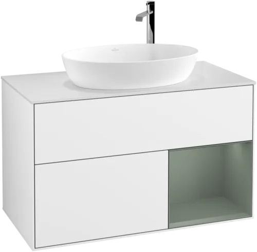 Bild von VILLEROY BOCH Finion Waschbeckenunterschrank, mit Beleuchtung, 2 Auszüge, 1000 x 603 x 501 mm, Glossy White Lacquer / Olive Matt Lacquer / Glass White Matt #F901GMGF