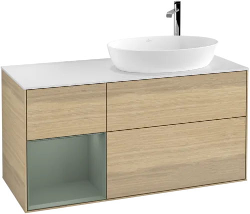 Bild von VILLEROY BOCH Finion Waschbeckenunterschrank, mit Beleuchtung, 3 Auszüge, 1200 x 603 x 501 mm, Oak Veneer / Olive Matt Lacquer / Glass White Matt #F921GMPC