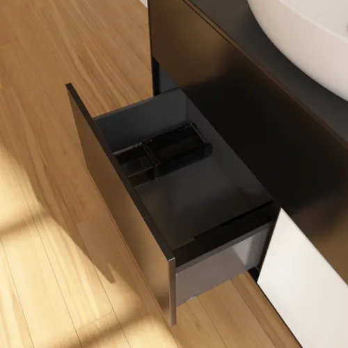 Bild von VILLEROY BOCH Finion Waschbeckenunterschrank, mit Beleuchtung, 2 Auszüge, 1000 x 603 x 501 mm, Black Matt Lacquer / Glossy White Lacquer / Glass Black Matt #F902GFPD