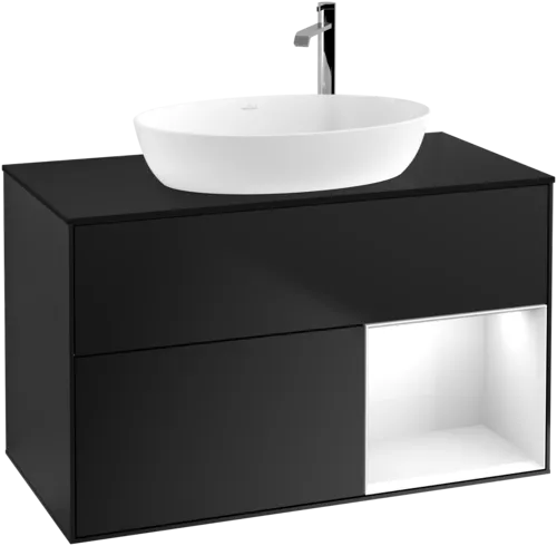 Bild von VILLEROY BOCH Finion Waschbeckenunterschrank, mit Beleuchtung, 2 Auszüge, 1000 x 603 x 501 mm, Black Matt Lacquer / Glossy White Lacquer / Glass Black Matt #F902GFPD