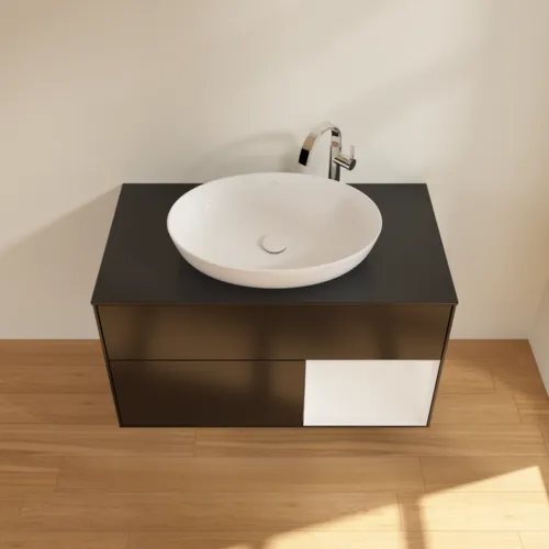 Bild von VILLEROY BOCH Finion Waschbeckenunterschrank, mit Beleuchtung, 2 Auszüge, 1000 x 603 x 501 mm, Black Matt Lacquer / Glossy White Lacquer / Glass Black Matt #F902GFPD