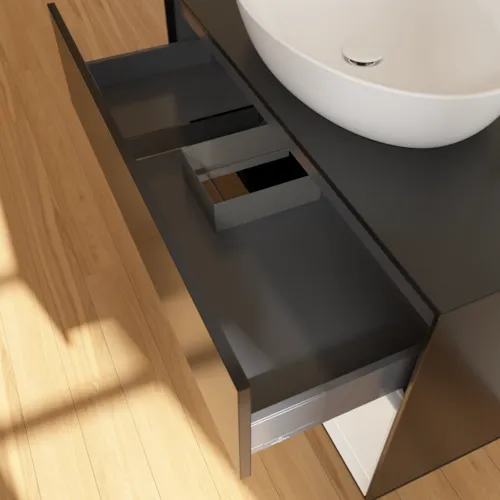 Bild von VILLEROY BOCH Finion Waschbeckenunterschrank, mit Beleuchtung, 2 Auszüge, 1000 x 603 x 501 mm, Black Matt Lacquer / Glossy White Lacquer / Glass Black Matt #F902GFPD