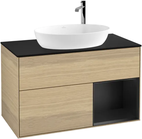 Bild von VILLEROY BOCH Finion Waschbeckenunterschrank, mit Beleuchtung, 2 Auszüge, 1000 x 603 x 501 mm, Oak Veneer / Black Matt Lacquer / Glass Black Matt #F902PDPC