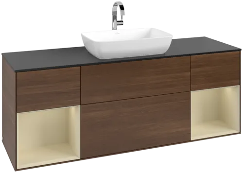 Picture of VILLEROY BOCH Finion Vanity unit, with lighting, 4 pull-out compartments, 1600 x 603 x 501 mm, Walnut Veneer / Silk Grey Matt Lacquer / Glass Black Matt #F862HJGN