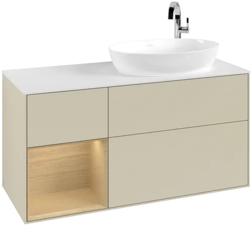 Bild von VILLEROY BOCH Finion Waschbeckenunterschrank, mit Beleuchtung, 3 Auszüge, 1200 x 603 x 501 mm, Silk Grey Matt Lacquer / Oak Veneer / Glass White Matt #F921PCHJ