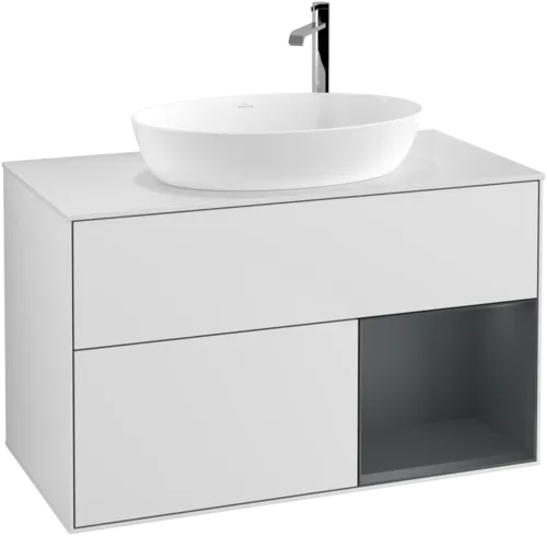 Obrázek VILLEROY BOCH Toaletní skříňka Finion, s osvětlením, 2 výsuvy, 1000 x 603 x 501 mm, bílý matný lak / půlnoční modrý matný lak / bílé matné sklo #F901HGMT