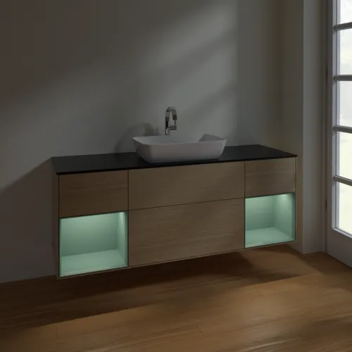 Bild von VILLEROY BOCH Finion Waschbeckenunterschrank, mit Beleuchtung, 4 Auszüge, 1600 x 603 x 501 mm, Oak Veneer / Olive Matt Lacquer / Glass Black Matt #F862GMPC