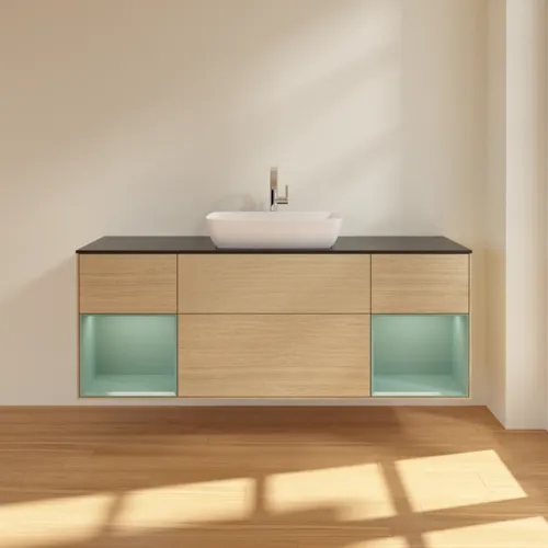 Bild von VILLEROY BOCH Finion Waschbeckenunterschrank, mit Beleuchtung, 4 Auszüge, 1600 x 603 x 501 mm, Oak Veneer / Olive Matt Lacquer / Glass Black Matt #F862GMPC
