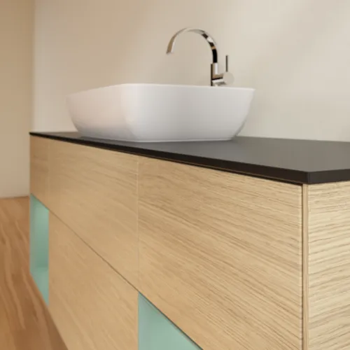 Bild von VILLEROY BOCH Finion Waschbeckenunterschrank, mit Beleuchtung, 4 Auszüge, 1600 x 603 x 501 mm, Oak Veneer / Olive Matt Lacquer / Glass Black Matt #F862GMPC