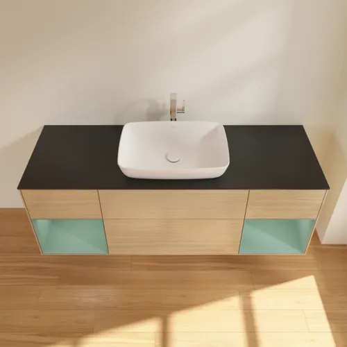 Bild von VILLEROY BOCH Finion Waschbeckenunterschrank, mit Beleuchtung, 4 Auszüge, 1600 x 603 x 501 mm, Oak Veneer / Olive Matt Lacquer / Glass Black Matt #F862GMPC