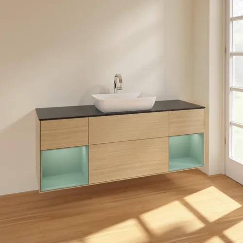 Bild von VILLEROY BOCH Finion Waschbeckenunterschrank, mit Beleuchtung, 4 Auszüge, 1600 x 603 x 501 mm, Oak Veneer / Olive Matt Lacquer / Glass Black Matt #F862GMPC