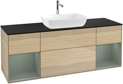 Bild von VILLEROY BOCH Finion Waschbeckenunterschrank, mit Beleuchtung, 4 Auszüge, 1600 x 603 x 501 mm, Oak Veneer / Olive Matt Lacquer / Glass Black Matt #F862GMPC