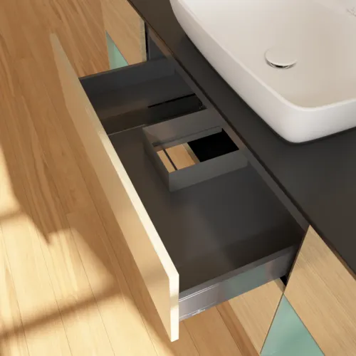 Bild von VILLEROY BOCH Finion Waschbeckenunterschrank, mit Beleuchtung, 4 Auszüge, 1600 x 603 x 501 mm, Oak Veneer / Olive Matt Lacquer / Glass Black Matt #F862GMPC