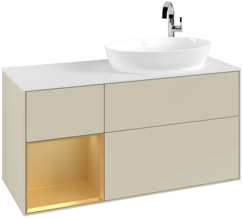 Bild von VILLEROY BOCH Finion Waschbeckenunterschrank, mit Beleuchtung, 3 Auszüge, 1200 x 603 x 501 mm, Silk Grey Matt Lacquer / Gold Matt Lacquer / Glass White Matt #F921HFHJ