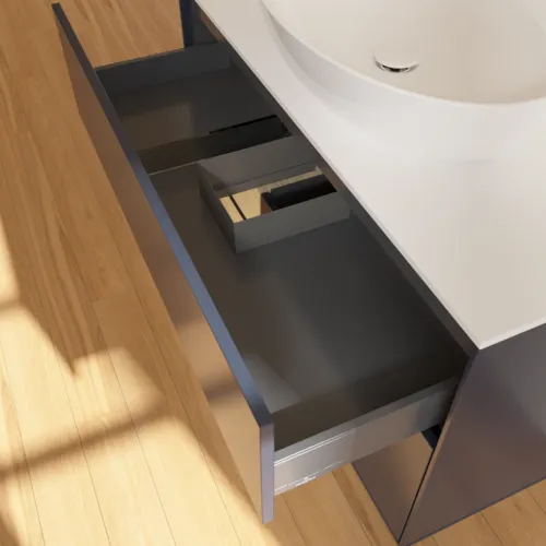 Bild von VILLEROY BOCH Finion Waschbeckenunterschrank, mit Beleuchtung, 2 Auszüge, 1000 x 603 x 501 mm, Midnight Blue Matt Lacquer / Oak Veneer / Glass White Matt #F891PCHG