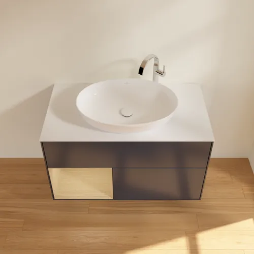 Bild von VILLEROY BOCH Finion Waschbeckenunterschrank, mit Beleuchtung, 2 Auszüge, 1000 x 603 x 501 mm, Midnight Blue Matt Lacquer / Oak Veneer / Glass White Matt #F891PCHG