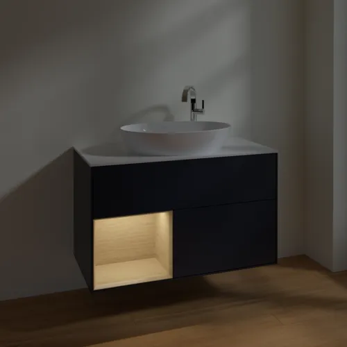 Bild von VILLEROY BOCH Finion Waschbeckenunterschrank, mit Beleuchtung, 2 Auszüge, 1000 x 603 x 501 mm, Midnight Blue Matt Lacquer / Oak Veneer / Glass White Matt #F891PCHG