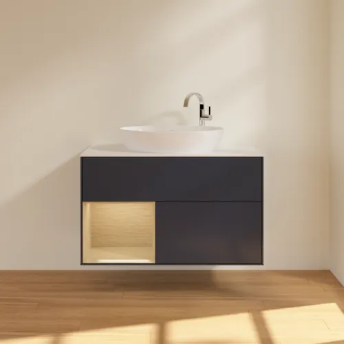 Bild von VILLEROY BOCH Finion Waschbeckenunterschrank, mit Beleuchtung, 2 Auszüge, 1000 x 603 x 501 mm, Midnight Blue Matt Lacquer / Oak Veneer / Glass White Matt #F891PCHG