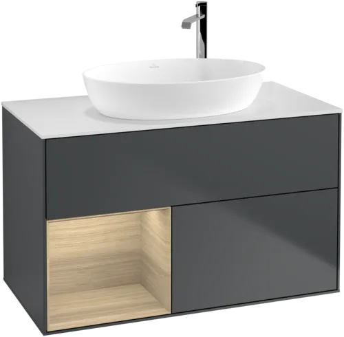 Bild von VILLEROY BOCH Finion Waschbeckenunterschrank, mit Beleuchtung, 2 Auszüge, 1000 x 603 x 501 mm, Midnight Blue Matt Lacquer / Oak Veneer / Glass White Matt #F891PCHG