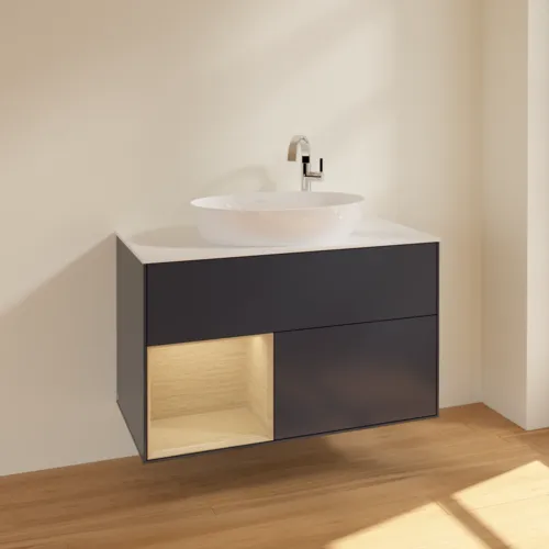 Bild von VILLEROY BOCH Finion Waschbeckenunterschrank, mit Beleuchtung, 2 Auszüge, 1000 x 603 x 501 mm, Midnight Blue Matt Lacquer / Oak Veneer / Glass White Matt #F891PCHG