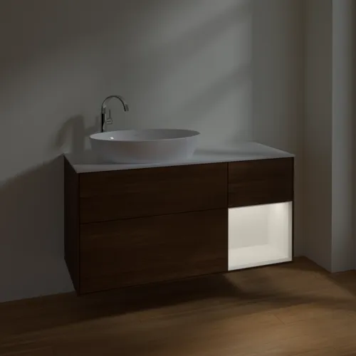 Bild von VILLEROY BOCH Finion Waschbeckenunterschrank, mit Beleuchtung, 3 Auszüge, 1200 x 603 x 501 mm, Walnut Veneer / White Matt Lacquer / Glass White Matt #F931MTGN