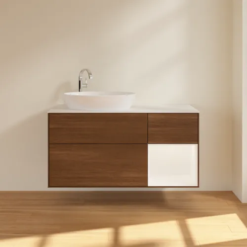 Bild von VILLEROY BOCH Finion Waschbeckenunterschrank, mit Beleuchtung, 3 Auszüge, 1200 x 603 x 501 mm, Walnut Veneer / White Matt Lacquer / Glass White Matt #F931MTGN
