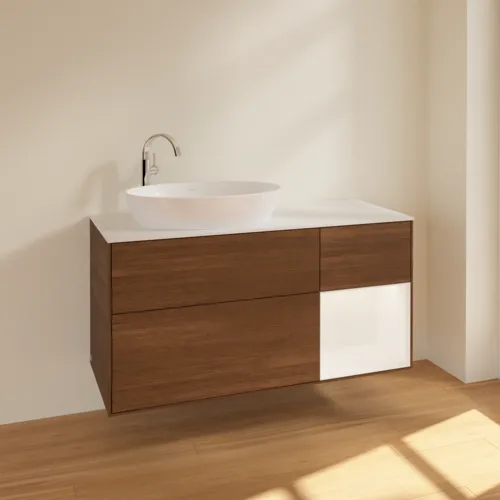 Bild von VILLEROY BOCH Finion Waschbeckenunterschrank, mit Beleuchtung, 3 Auszüge, 1200 x 603 x 501 mm, Walnut Veneer / White Matt Lacquer / Glass White Matt #F931MTGN