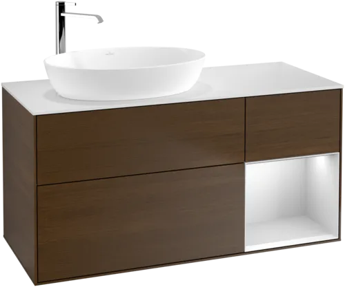 Bild von VILLEROY BOCH Finion Waschbeckenunterschrank, mit Beleuchtung, 3 Auszüge, 1200 x 603 x 501 mm, Walnut Veneer / White Matt Lacquer / Glass White Matt #F931MTGN