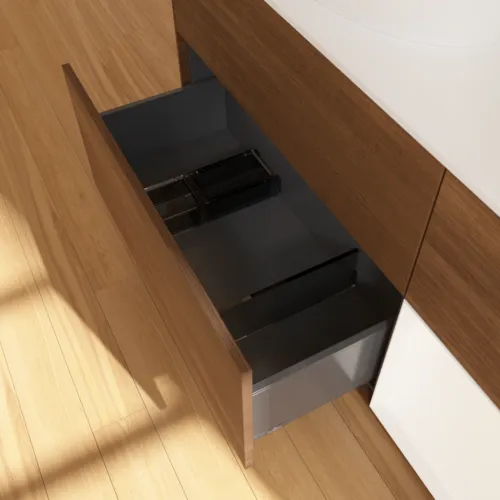 Bild von VILLEROY BOCH Finion Waschbeckenunterschrank, mit Beleuchtung, 3 Auszüge, 1200 x 603 x 501 mm, Walnut Veneer / White Matt Lacquer / Glass White Matt #F931MTGN
