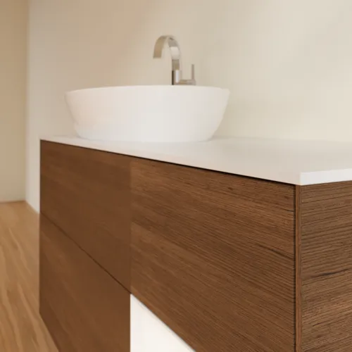 Bild von VILLEROY BOCH Finion Waschbeckenunterschrank, mit Beleuchtung, 3 Auszüge, 1200 x 603 x 501 mm, Walnut Veneer / White Matt Lacquer / Glass White Matt #F931MTGN